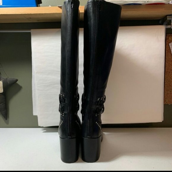 BLOCCO 5 BLACK LEATHER BOOTS GROMMETS Womens 38 / 7.5 - 8 goth witchy office - Picture 7 of 9